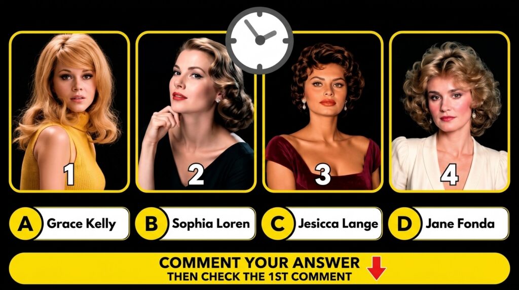 A multiple-choice quiz image showing four portraits of classic Hollywood actresses in a 2x2 grid with a clock icon in th