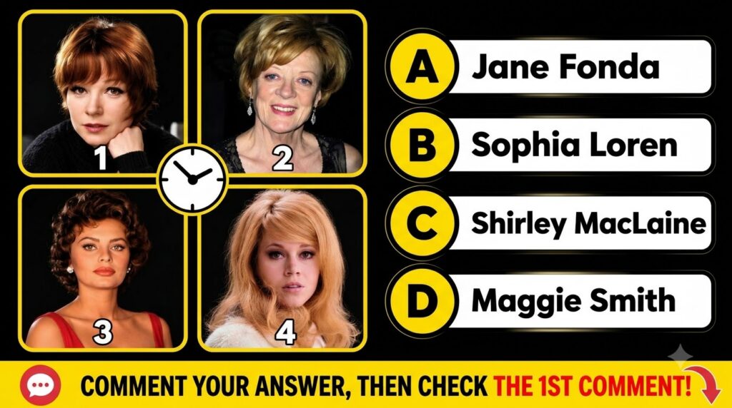 A four-panel quiz featuring headshots of classic Hollywood actresses Shirley MacLaine Maggie Smith Sophia Loren and Jane