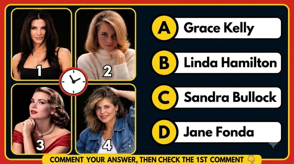 A vertical quiz featuring four distinct portraits of actress Linda Hamilton at different ages labeled 1 through 4 agains