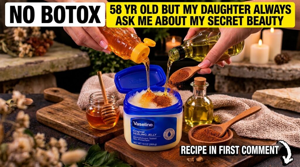 Hands mixing Vaseline turmeric honey and olive oil in a small glass jar on a wooden surface