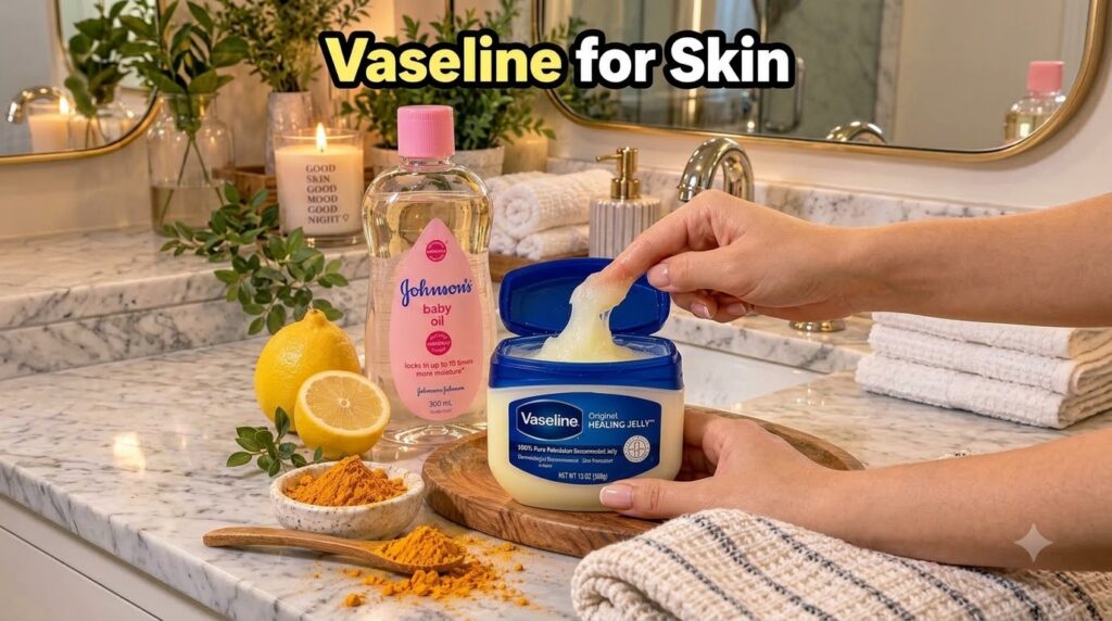 A hand scooping Vaseline from a tub surrounded by Johnson s Baby Oil fresh lemons and small bowls of turmeric powder on 