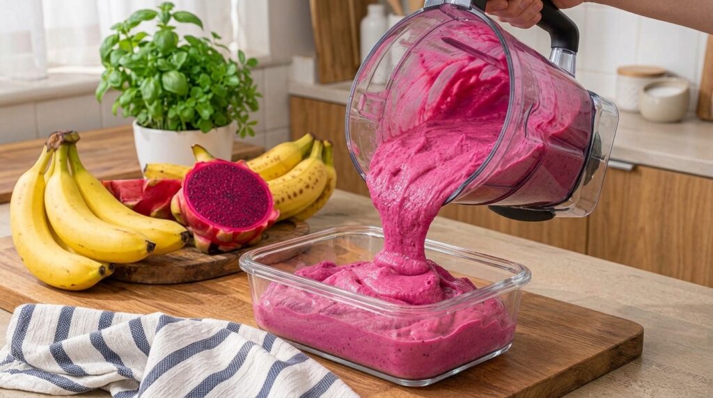 Vibrant pink dragon fruit smoothie being poured from a blender into a clear glass baking dish with fresh dragon fruit an