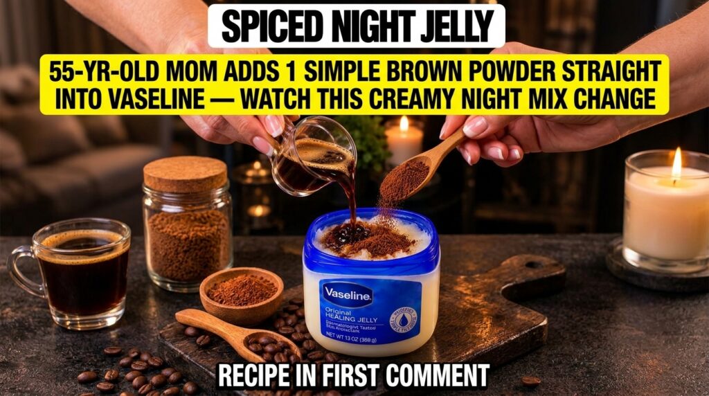 Hands mixing coffee powder and cocoa powder into a tub of softened Vaseline with scattered coffee beans and a lit candle