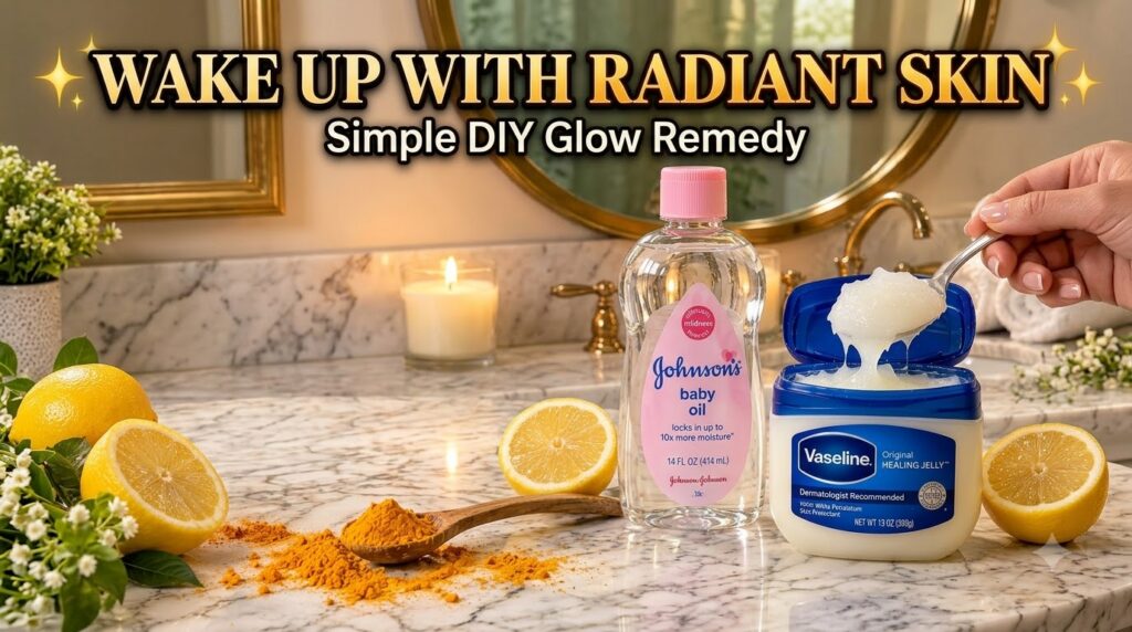 Ingredients for a DIY glow remedy arranged on a marble counter including Vaseline baby oil fresh lemons and turmeric pow