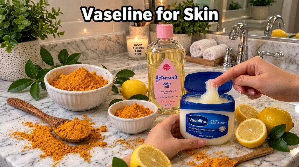 A detailed still-life composition on a marble countertop featuring a tub of Vaseline Healing Jelly being sampled by a fi