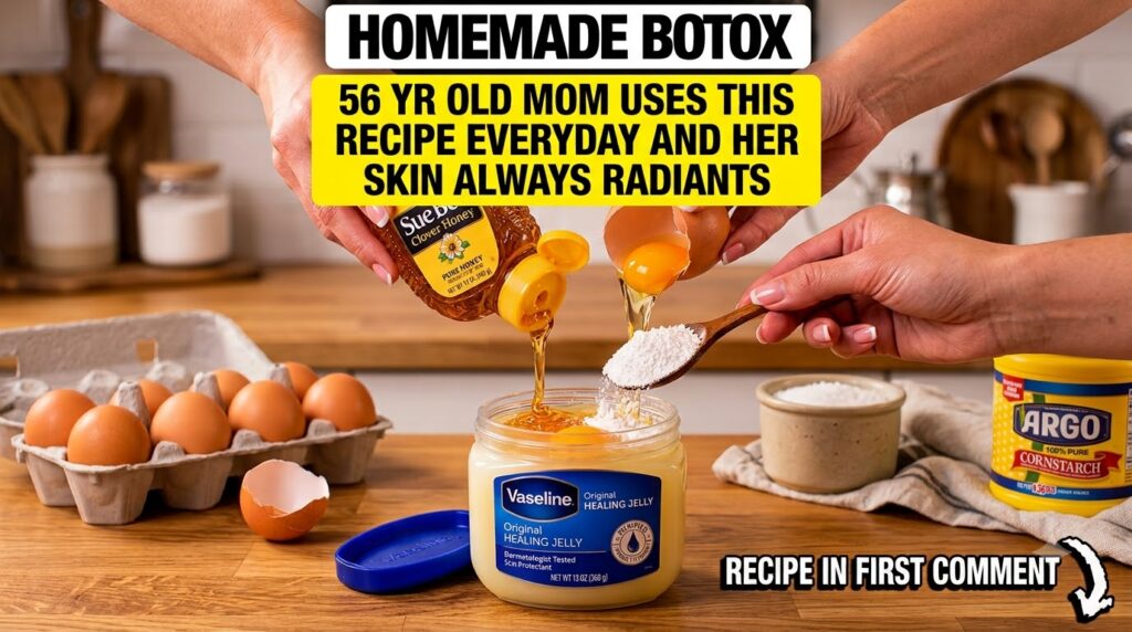 Hands mixing honey egg yolk and cornstarch into a jar of Vaseline in a close-up high-angle view