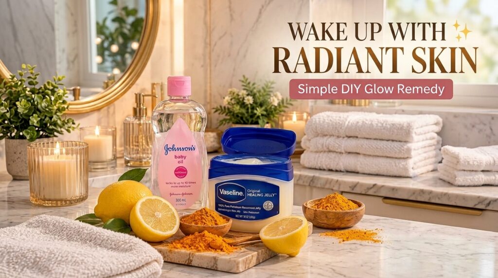 A collection of skincare ingredients including Vaseline baby oil fresh lemons and turmeric powder arranged on a marble c