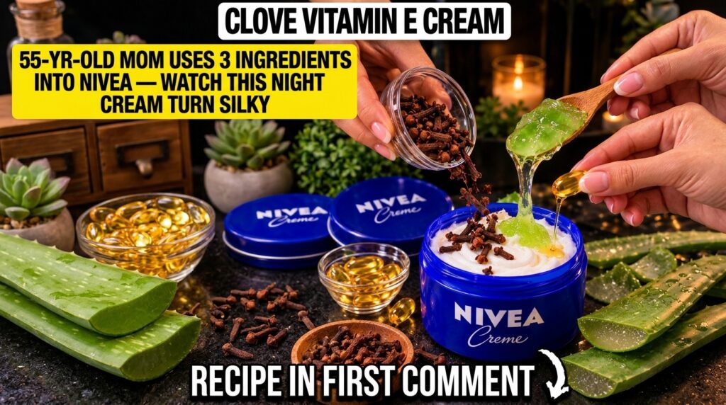 A close-up of a DIY beauty cream being prepared showing a blue Nivea Creme jar dried cloves being poured aloe vera gel d