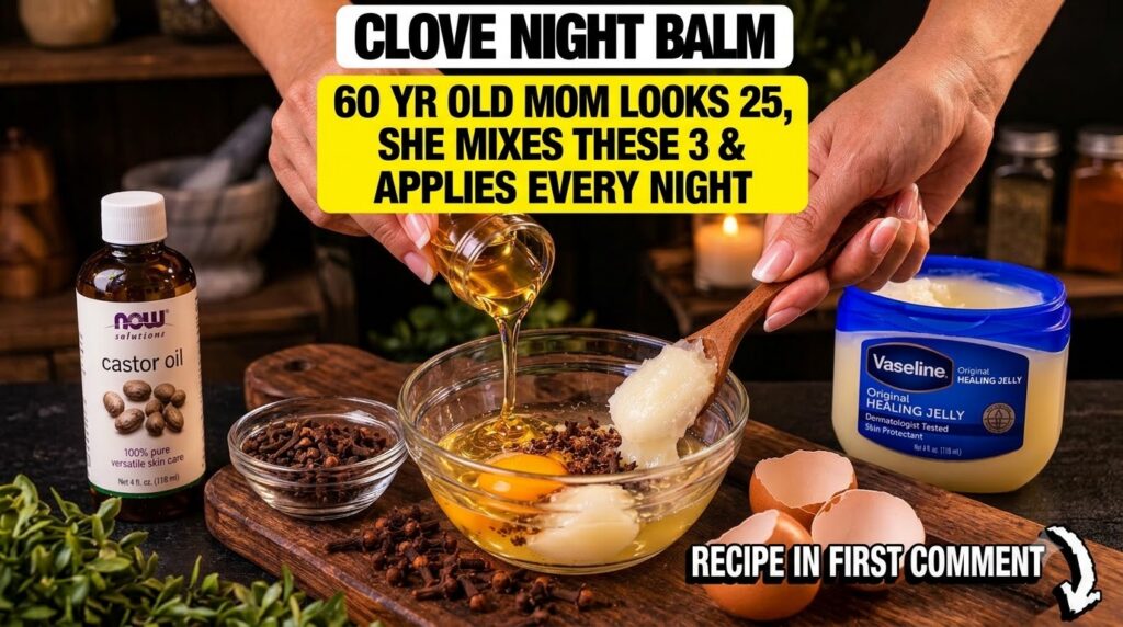 Hands mixing ground cloves castor oil Vaseline egg yolk and egg white in a clear glass bowl to create a night balm