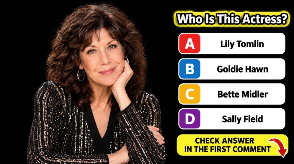 A quiz image featuring a smiling Lily Tomlin with voluminous curly brown hair and a sequined top against a black backgro