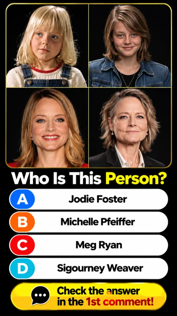A 2x2 grid of four portraits depicting Jodie Foster at different stages of her life as a child a young adult an adult an