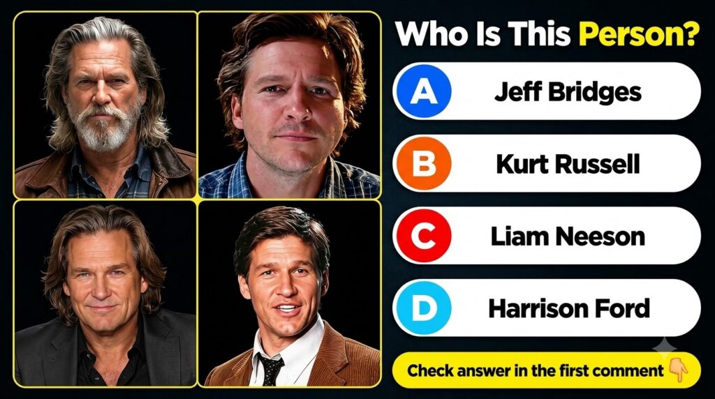 A 2x2 grid of four distinct portraits of Jeff Bridges at different ages and with various looks including an older man wi