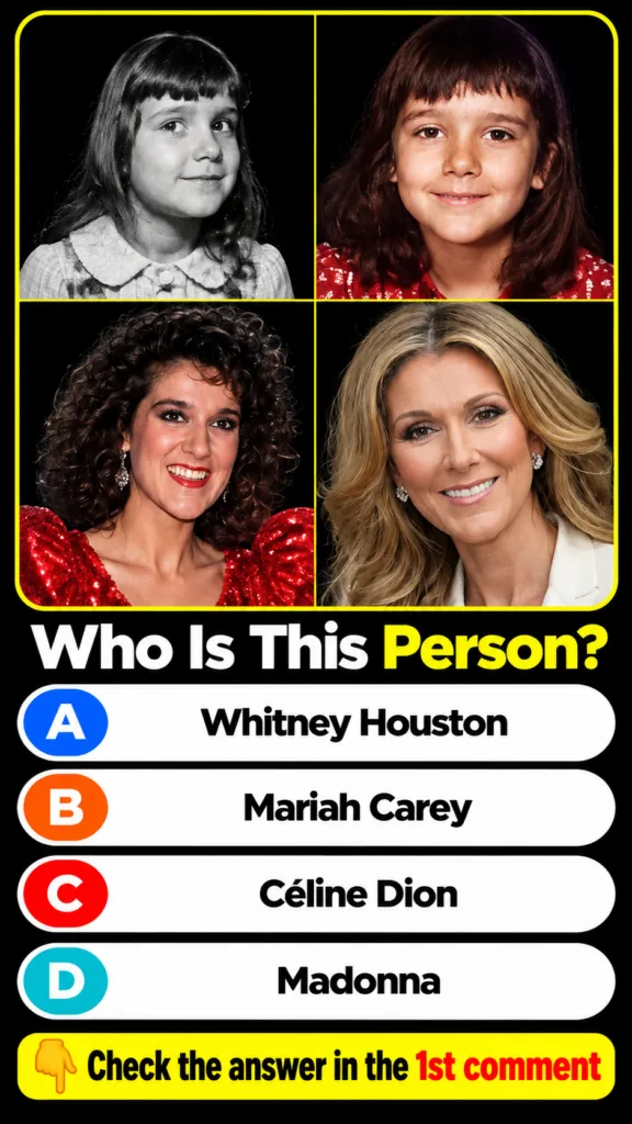 A four-panel grid of portraits of Céline Dion at different stages of life from childhood to adulthood The top-left portr