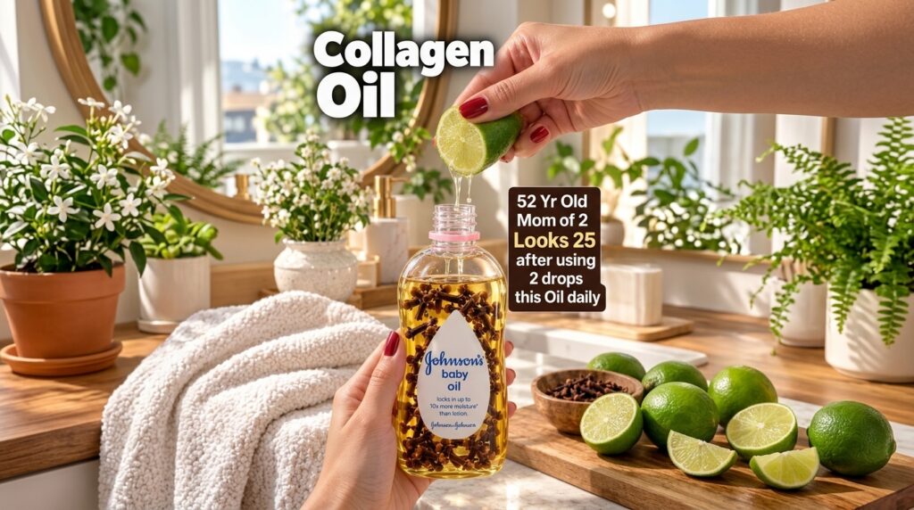 A person s hands are preparing a DIY beauty elixir with lime and cloves One hand holds a bottle of baby oil while the ot