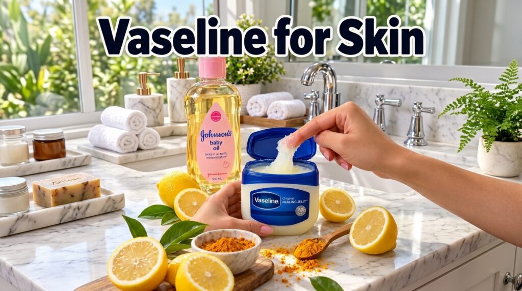 A hand scooping Vaseline from its tub next to a bottle of baby oil lemon halves and turmeric powder on a marble counter 