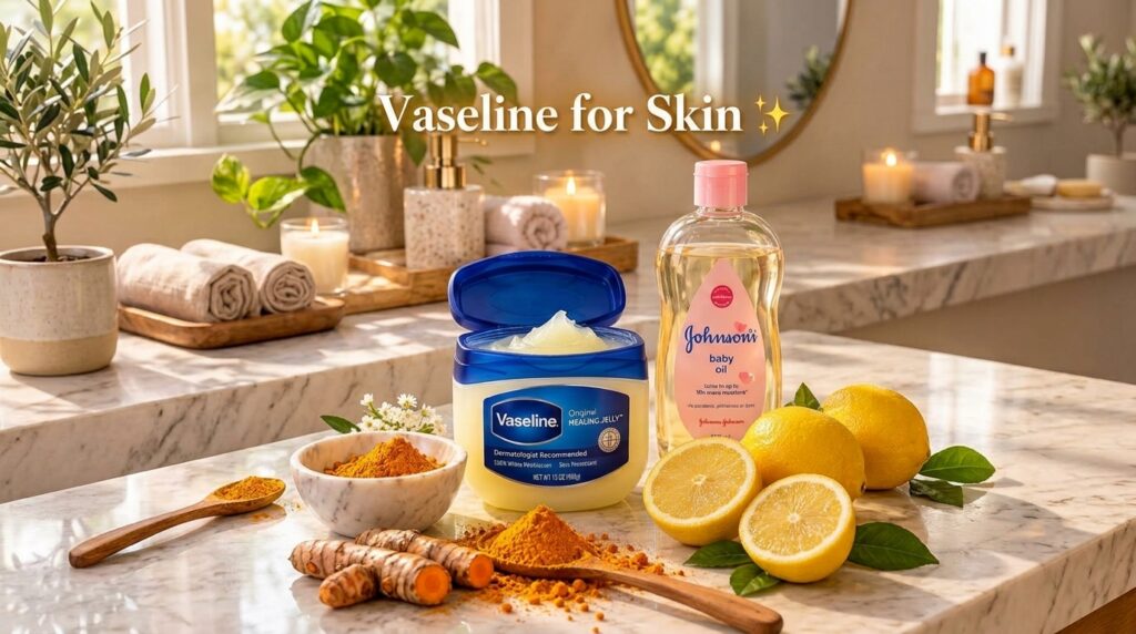 A collection of skincare essentials and natural ingredients on a marble surface in a bright bathroom featuring an open j