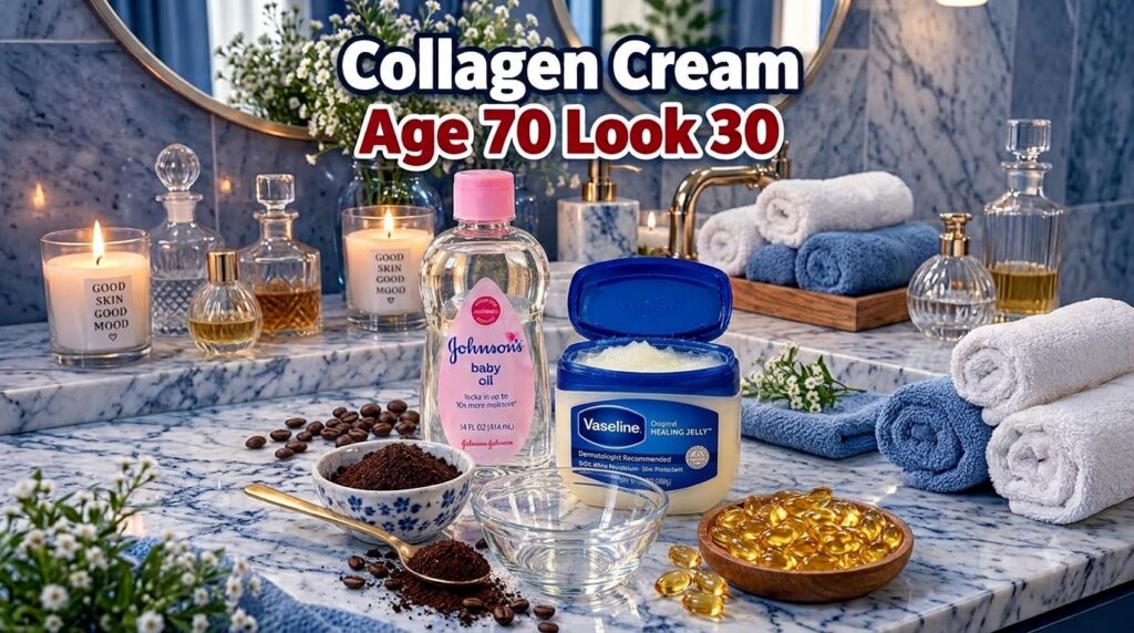 A collection of DIY beauty ingredients arranged neatly on a marble counter in a bright bathroom featuring Johnson s Baby