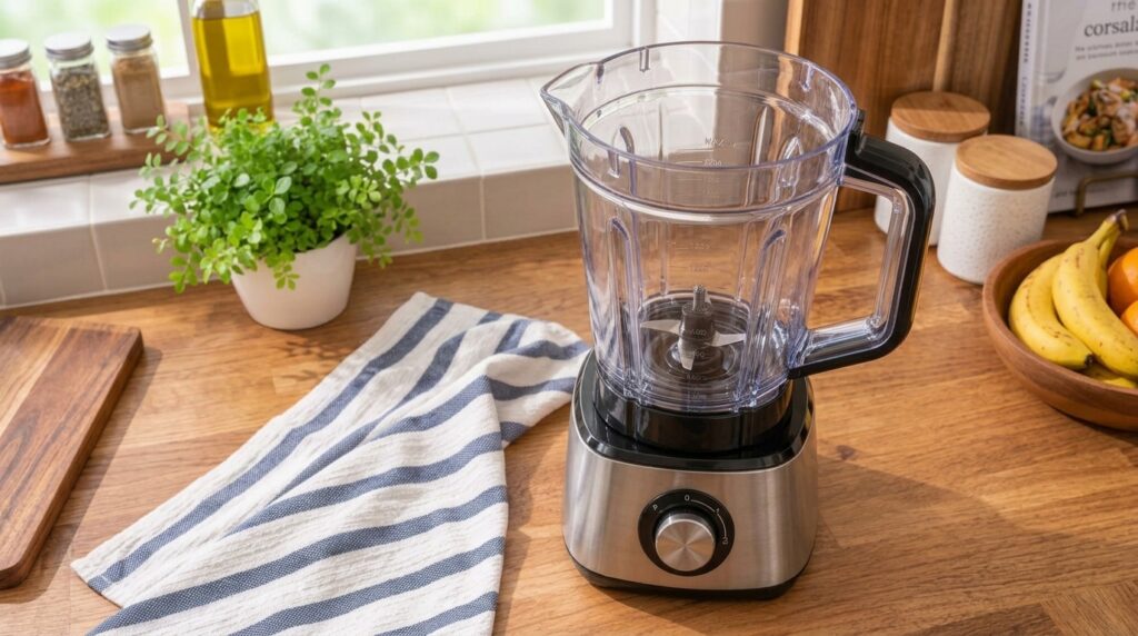 An empty clean blender prominently placed on a wooden kitchen counter ready for use