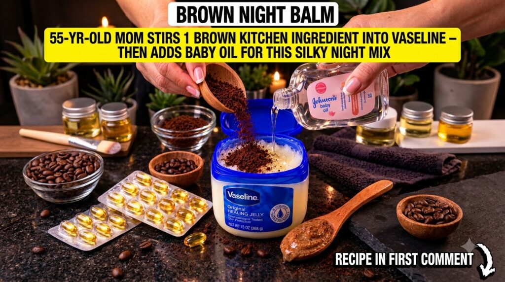 A close-up overhead shot of a person s hands mixing coffee powder baby oil and vitamin E into a small jar of Vaseline on