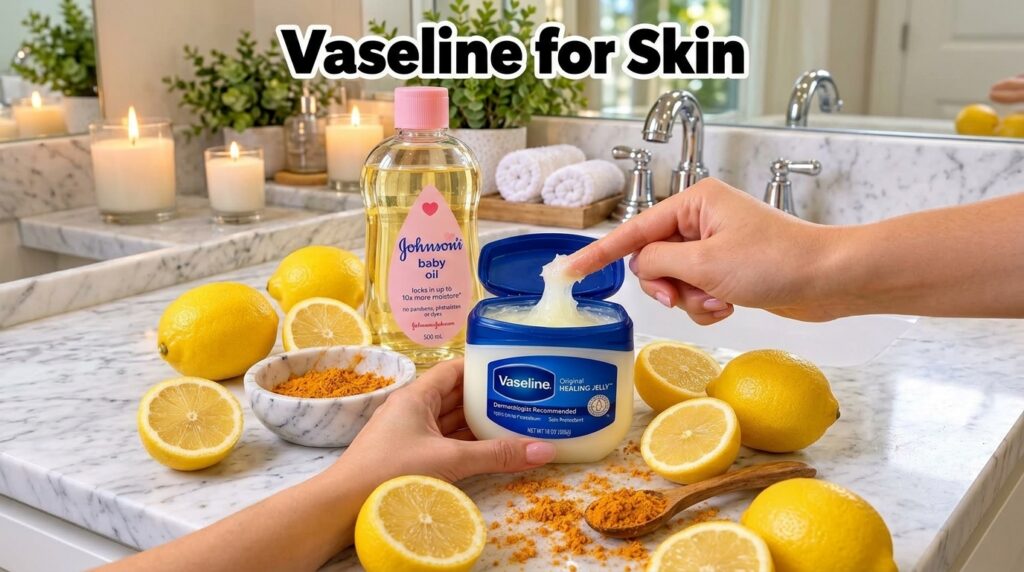 A hand scooping Vaseline petroleum jelly from a tub with a bottle of Johnson s baby oil in the background Sliced lemons 