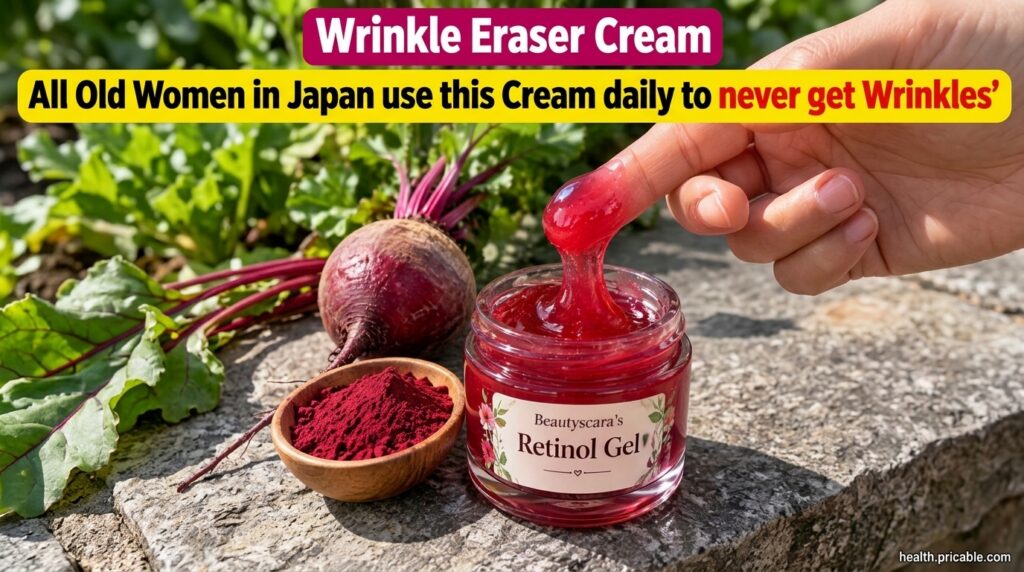 A clear glass jar filled with vibrant red beetroot face gel surrounded by fresh beetroot and a small bowl of beetroot po