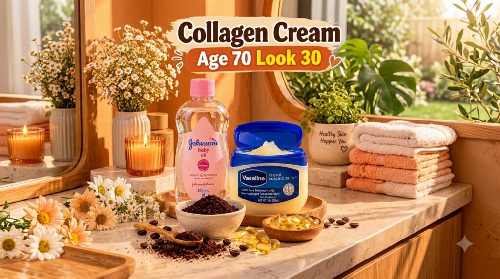 A serene still life with Johnson s baby oil Vaseline ground coffee and oil capsules embodying natural anti-aging beauty 