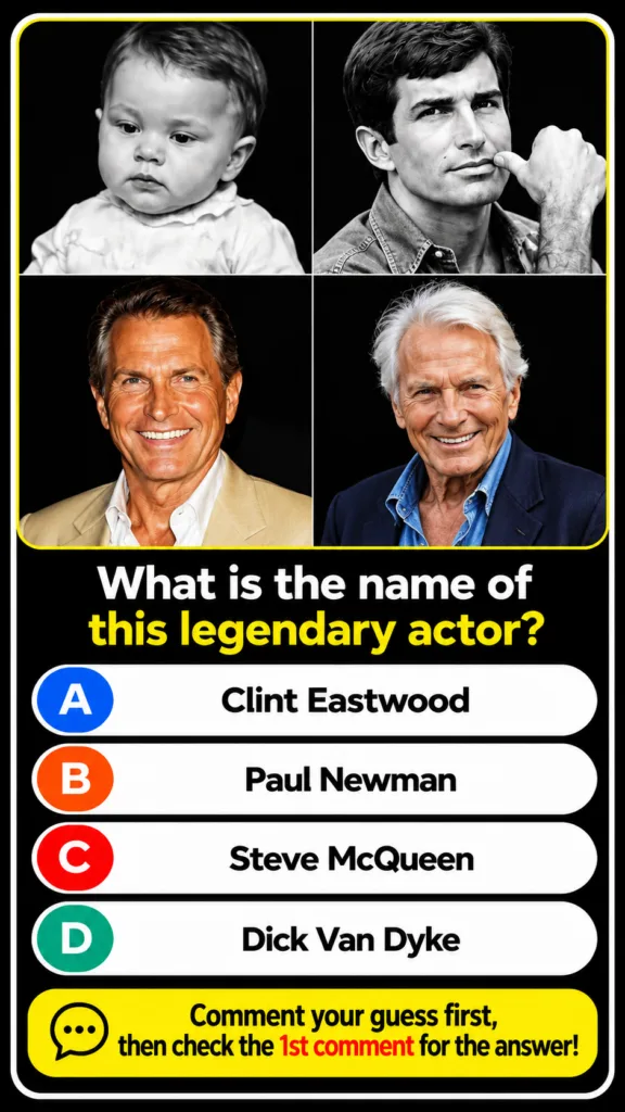 A vertical social media quiz post featuring a 2x2 grid of portraits of George Hamilton at different life stages infancy 