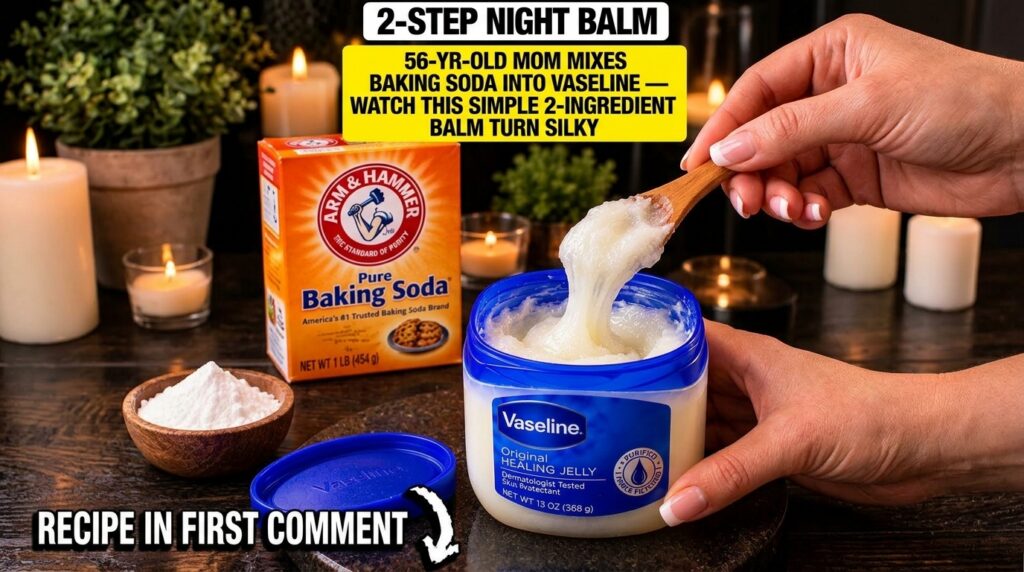 A close-up top-down view of a person s hands mixing Vaseline and baking soda in a tub with a wooden spoon alongside a bo
