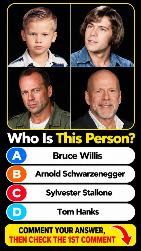 A multi-panel image showing Bruce Willis at four different life stages from a child to an older adult as a quiz