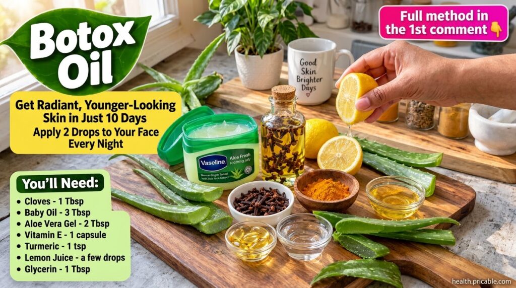 Overhead shot of ingredients for DIY Botox Oil including cloves turmeric aloe vera lemon olive oil and Vaseline on a woo