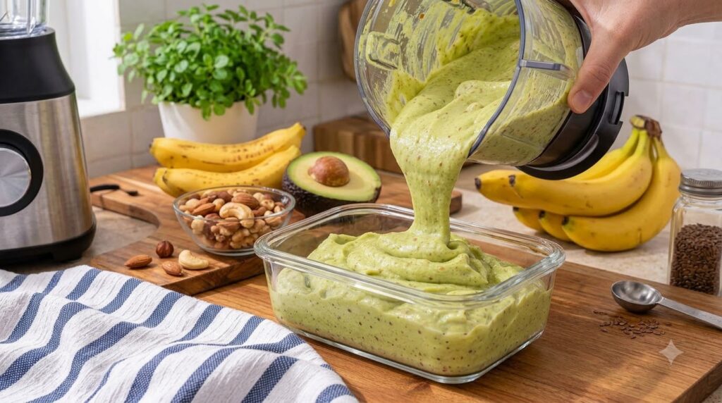 Vibrant green smoothie being poured from a blender into a glass with bananas avocado and nuts in the background