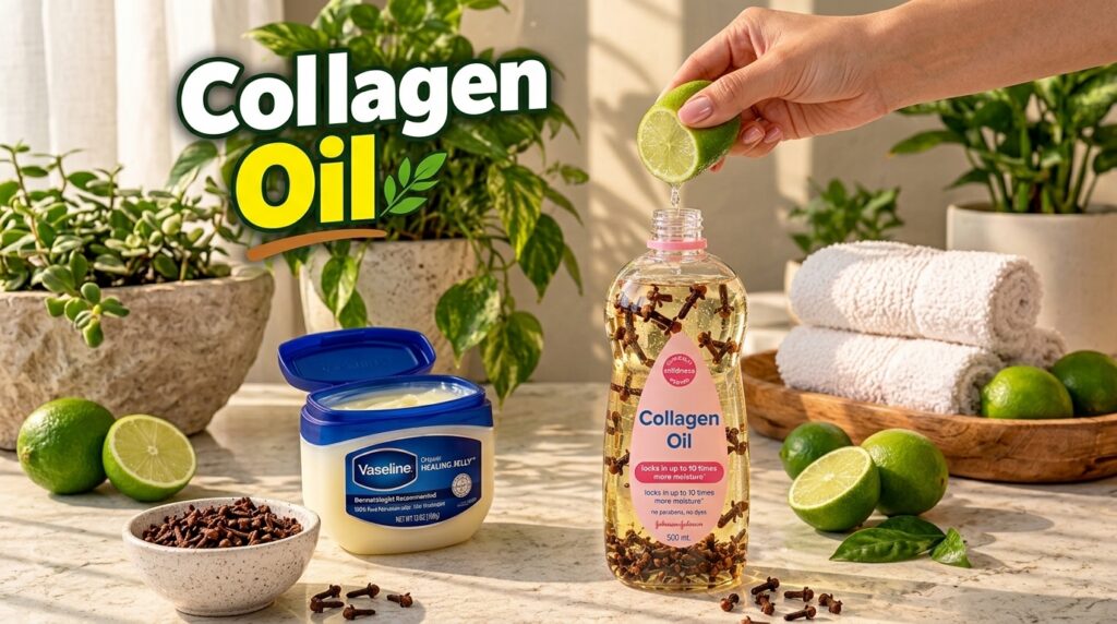 A Johnson s baby oil bottle infused with cloves a hand squeezing fresh lime into it with additional sliced limes a bowl