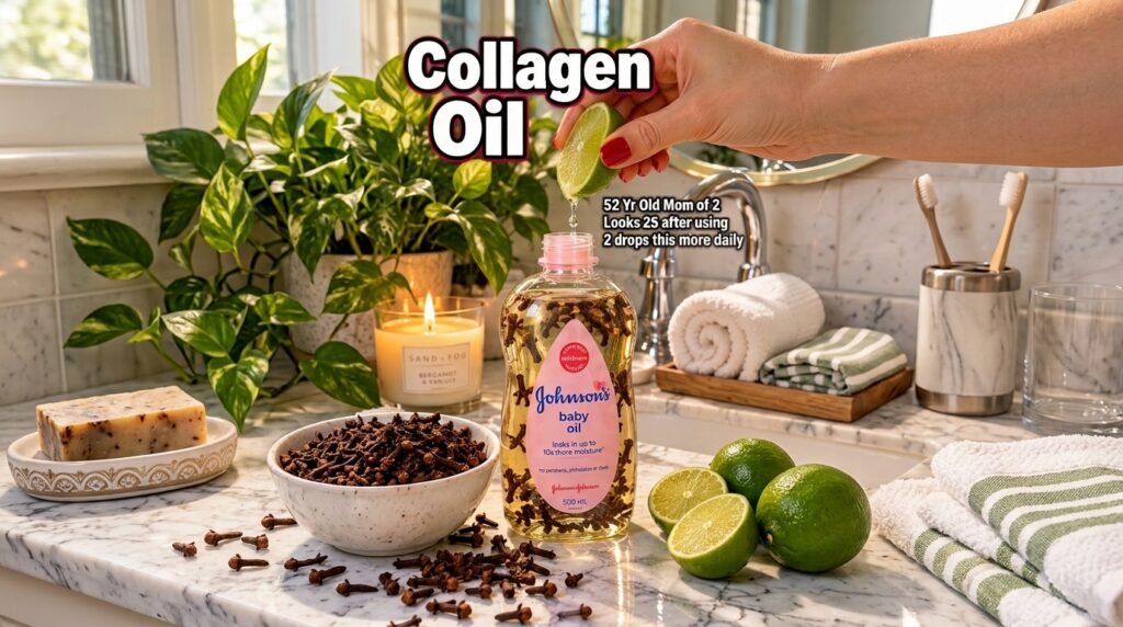 A close-up of a DIY collagen oil bottle made from baby oil with cloves inside being prepared on a countertop with limes 