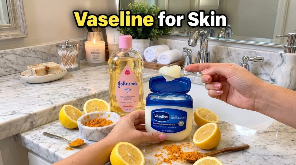 Hands holding a tub of Vaseline and a spoon of it surrounded by lemon halves and turmeric powder on a marble counter wit