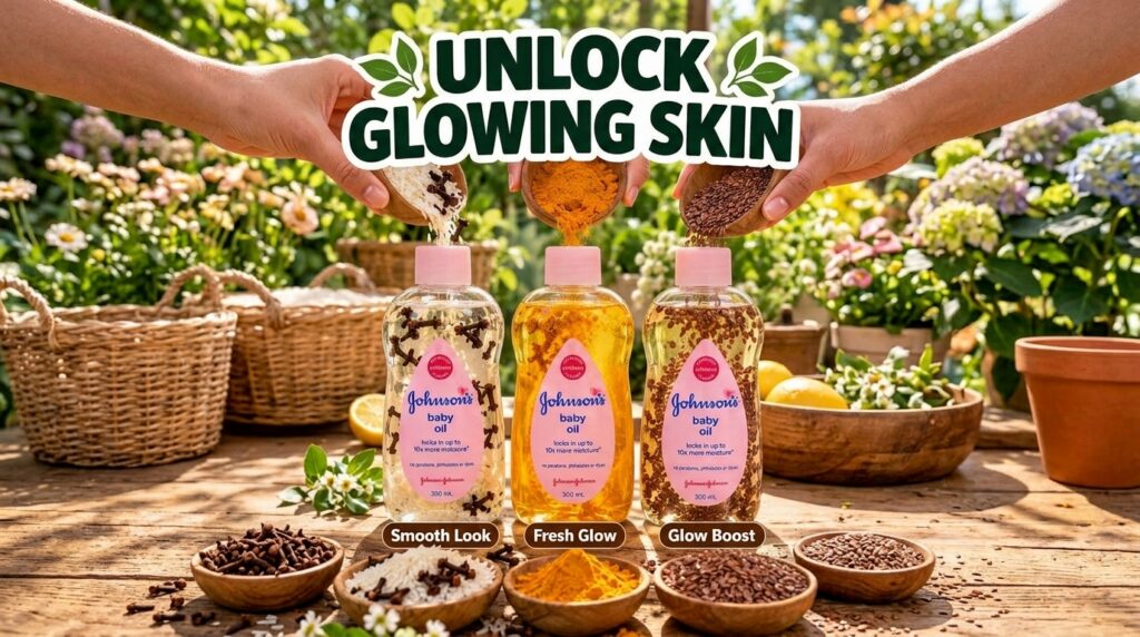 Three Johnson s baby oil bottles being infused with natural ingredients rice and cloves turmeric powder and flaxseeds Ha
