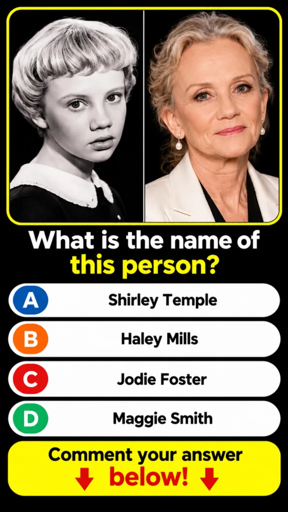 A quiz poster with two portraits of Audrey Hepburn at different ages and multiple-choice options