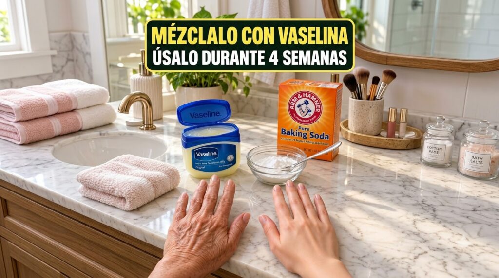 Two hands one appearing older and one smoother resting on a white marble countertop next to an open tub of Vaseline a bo