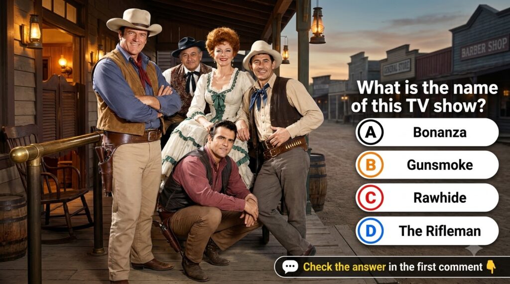 Five actors dressed in classic Western attire in a group pose smiling The group includes three men standing one woman se