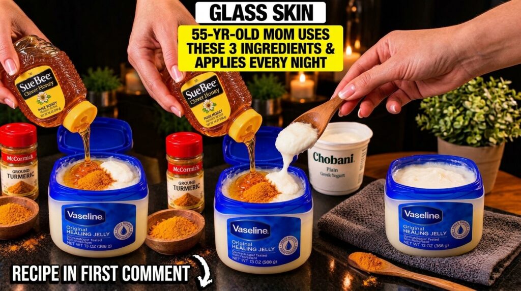 Hands mixing honey Greek yogurt Vaseline and turmeric powder in a small bowl with the individual ingredients visible in 