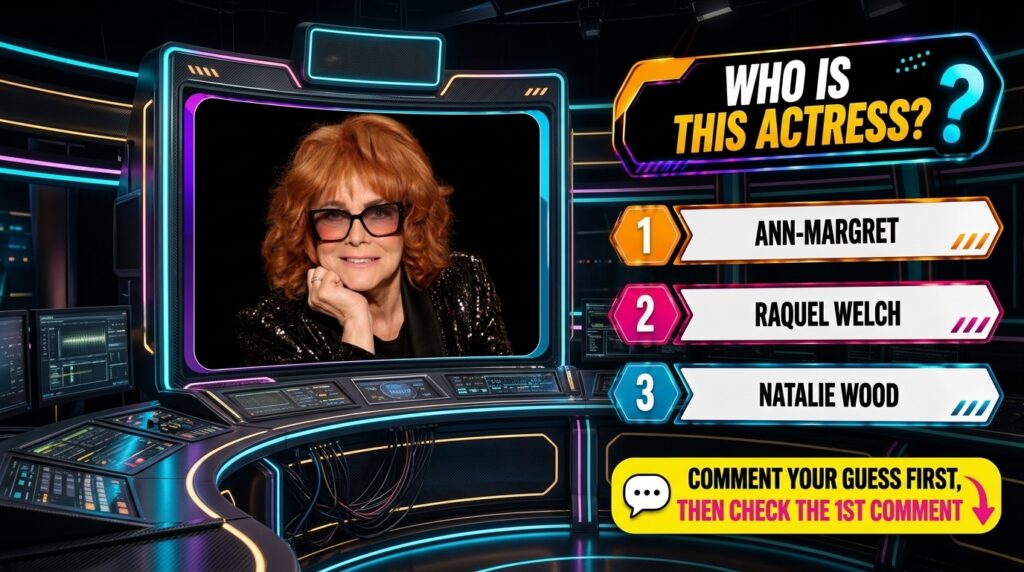 A celebrity quiz image showing a smiling woman with vibrant red curly hair wearing sunglasses and a sequined jacket with