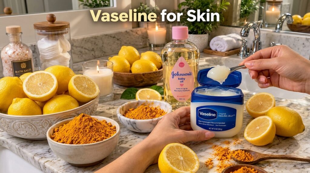 A collection of skincare products and natural ingredients including Vaseline baby oil cut lemons and turmeric powder on 