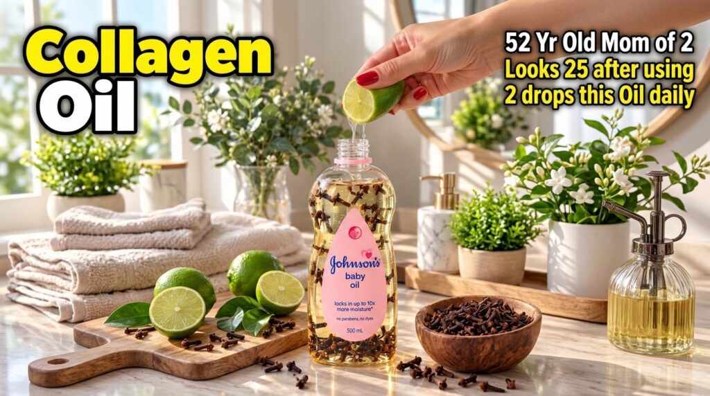 A hand squeezing lime juice into a bottle of baby oil infused with cloves surrounded by fresh limes and cloves on a wood