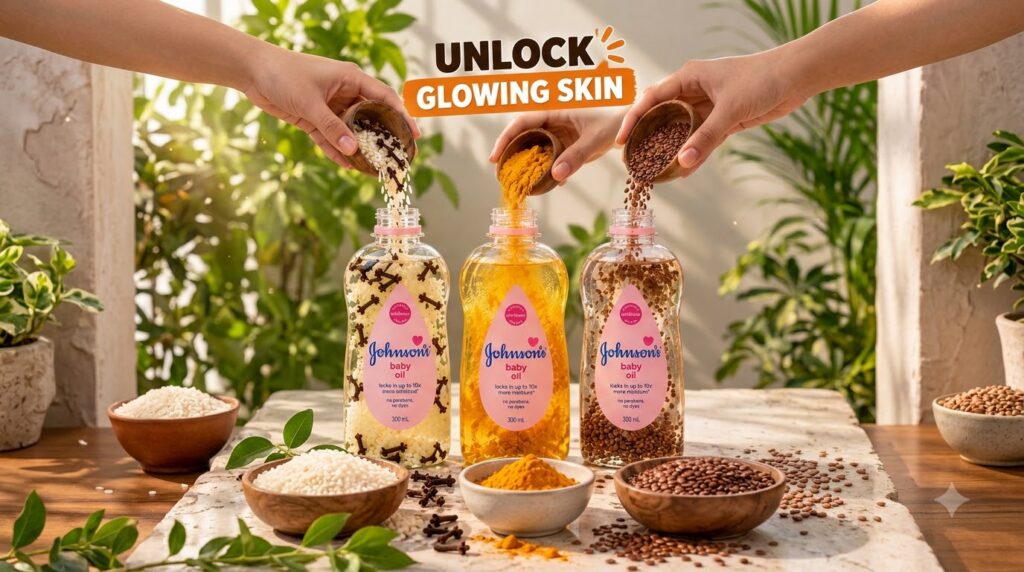 Three Johnson s baby oil bottles being infused with rice and cloves turmeric and flaxseeds Hands are pouring ingredients