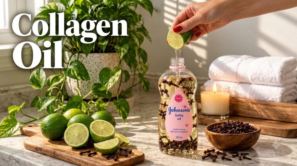 A bottle of Johnson s Baby Oil infused with cloves with a hand squeezing lime into it surrounded by fresh limes scattere