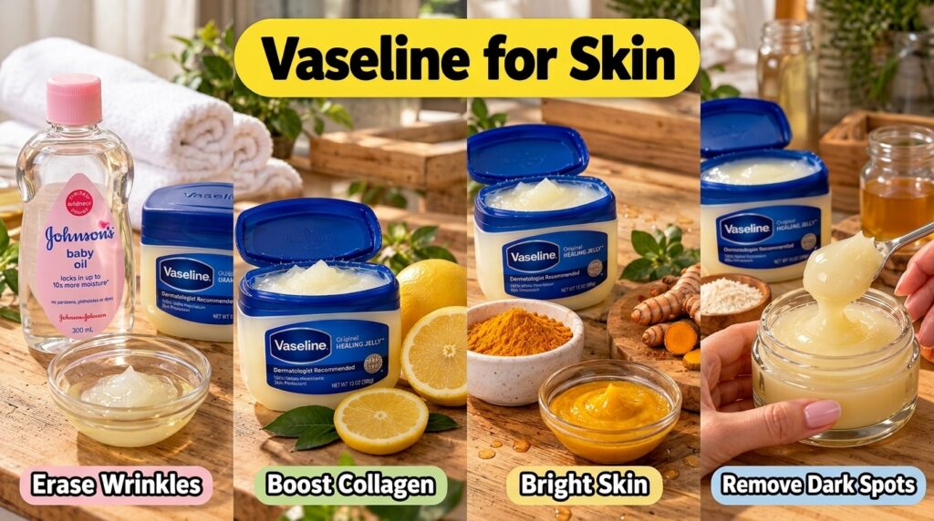 A four-panel collage featuring Vaseline Original Healing Jelly combined with different natural ingredients for various s