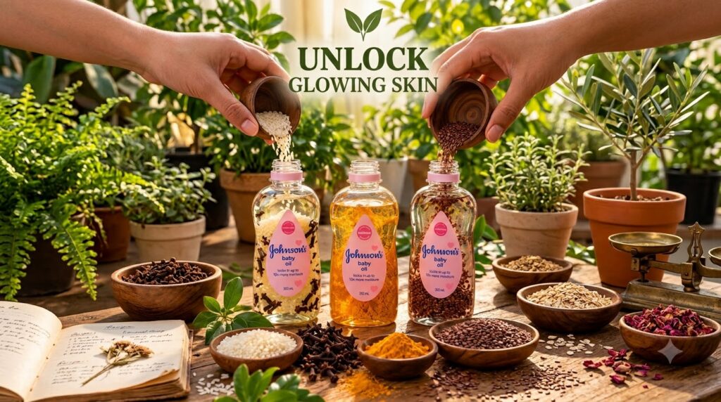 Three bottles of Johnson s baby oil each infused with natural ingredients like rice and cloves turmeric and flax seeds H
