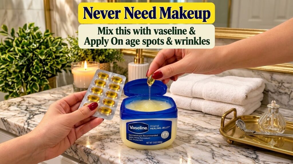 Hands mixing Vaseline and Vitamin E oil from a gel capsule in a small container on a marble counter with a lit candle an
