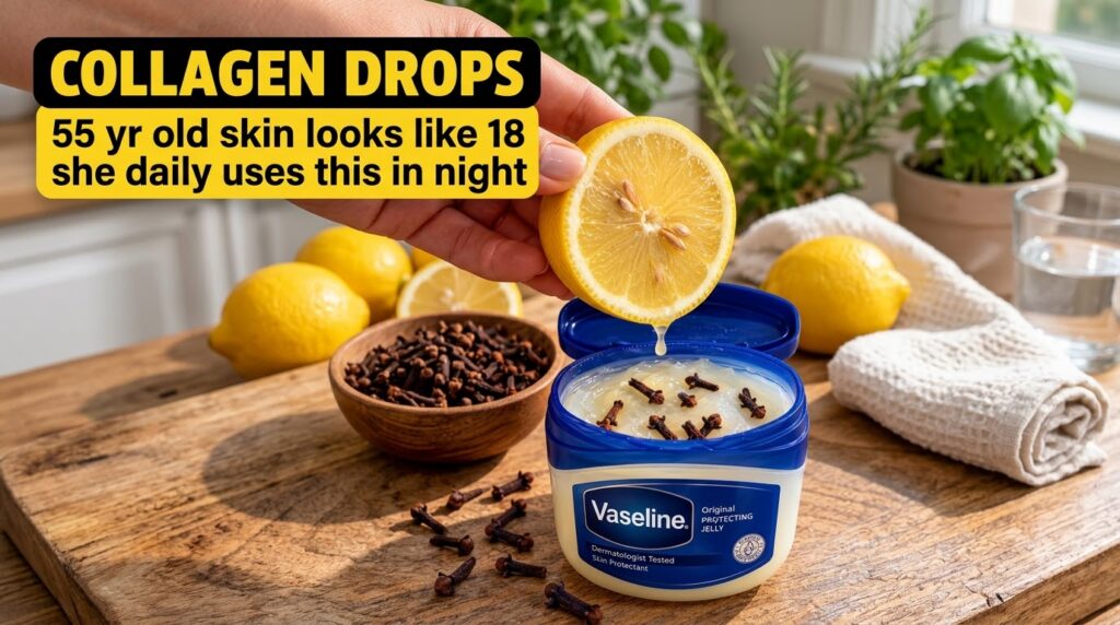 A hand squeezing a lemon half allowing a drop of juice to fall into an open tub of Vaseline Original Protecting Jelly Se