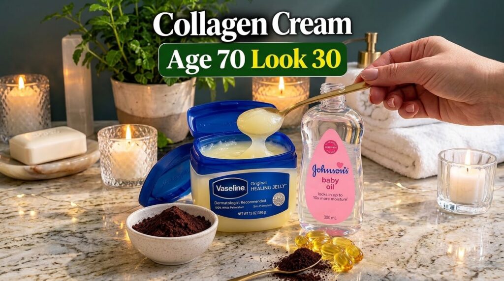 Ingredients for a homemade beauty recipe tub of Vaseline bottle of baby oil bowl of dark brown powder and golden gel cap