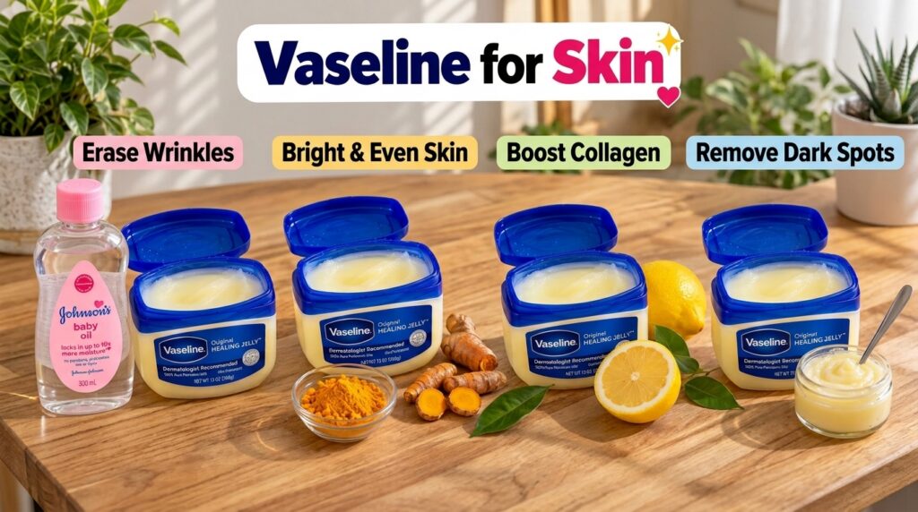 A 2x2 grid showcasing Vaseline paired with other ingredients Top left Vaseline and baby oil for Erase Wrinkles Top right